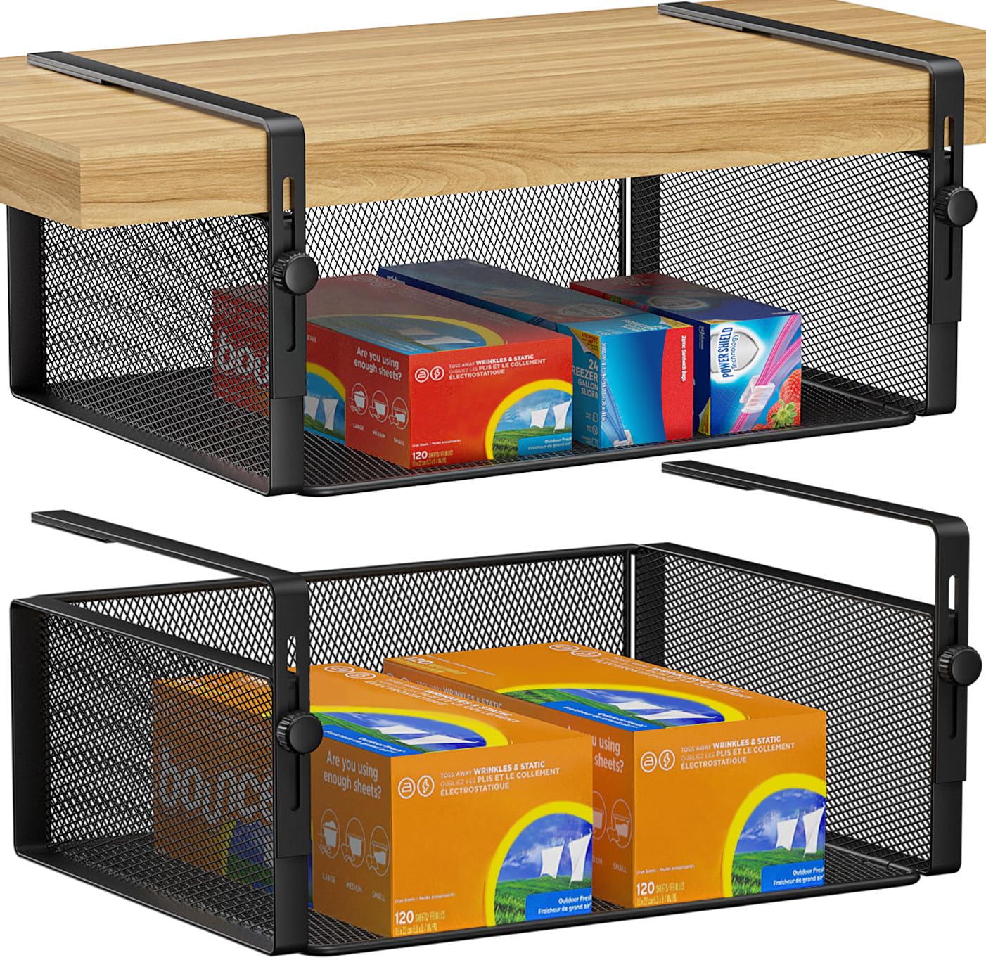 AmonHouseware front view of two under shelf baskets showing compact storage benefit