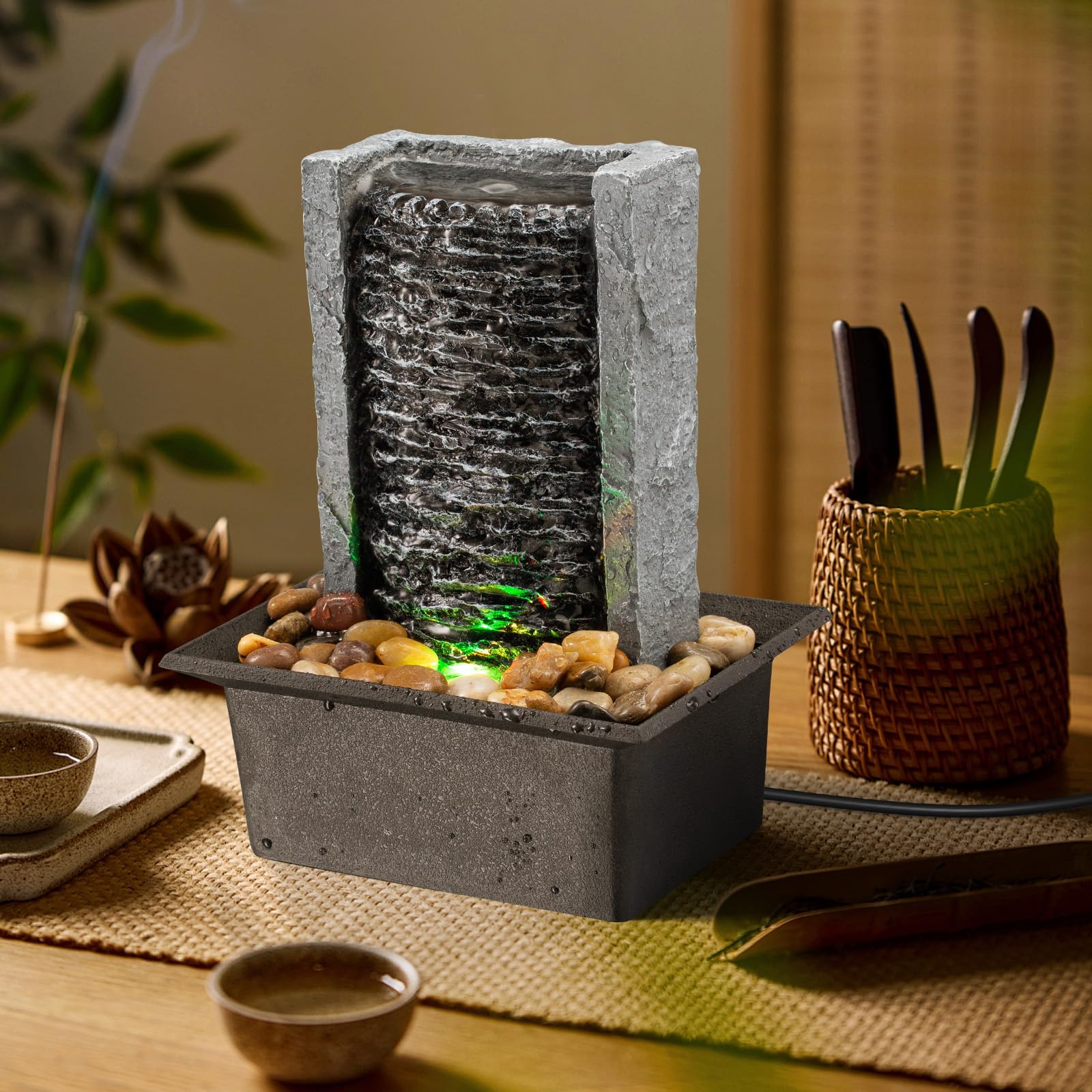 AMOOTEK fountain on office desk illustrating quiet operation and focus-friendly ambiance