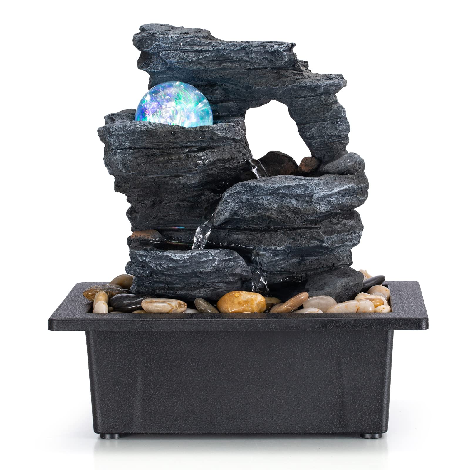 AMOOTEK front view of fountain on desk showing calming water flow and lights