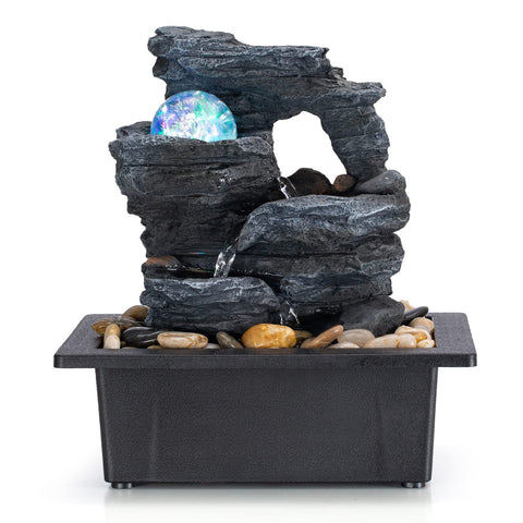 AMOOTEK front view of fountain on desk showing calming water flow and lights