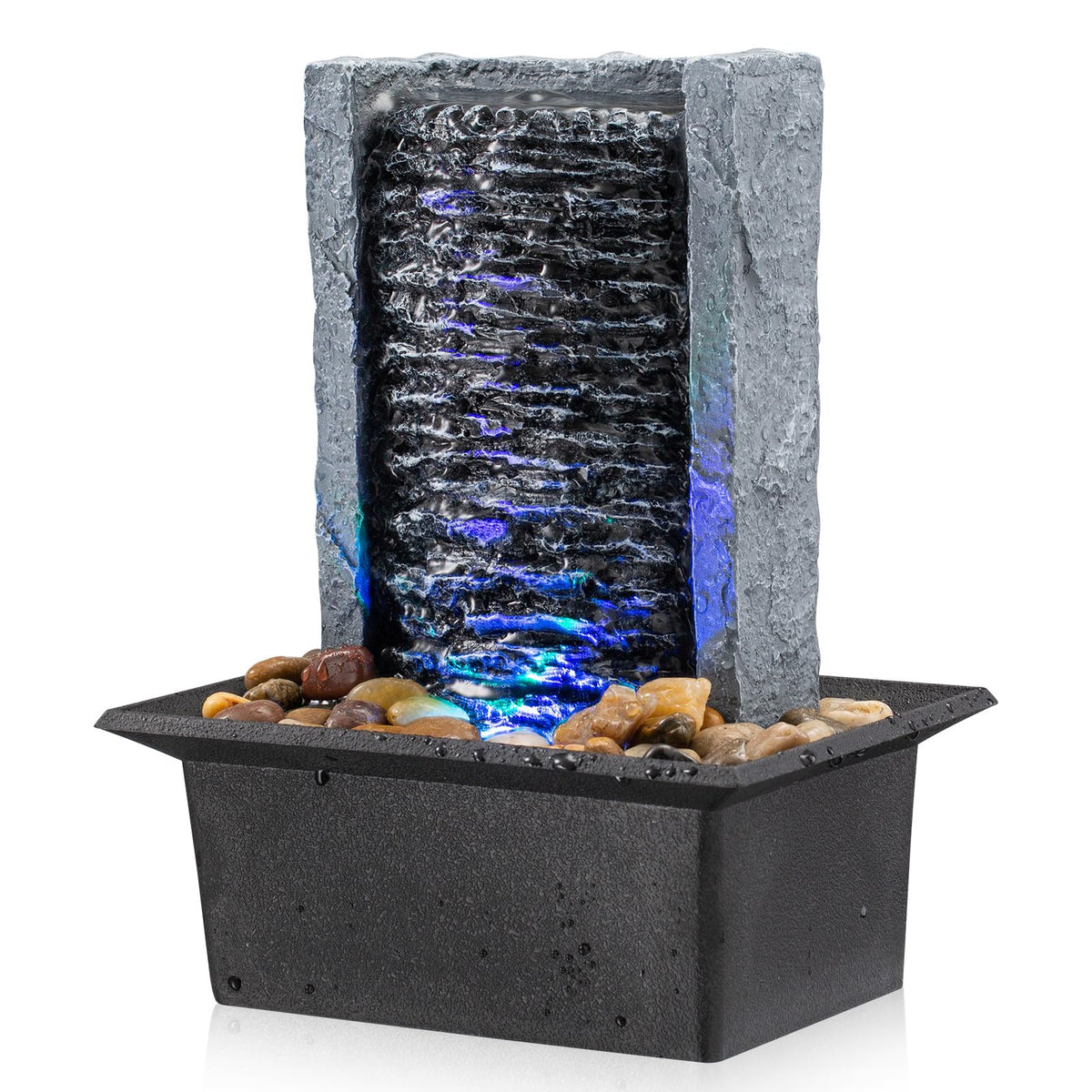 AMOOTEK front view of tabletop fountain highlighting compact design and calming effect