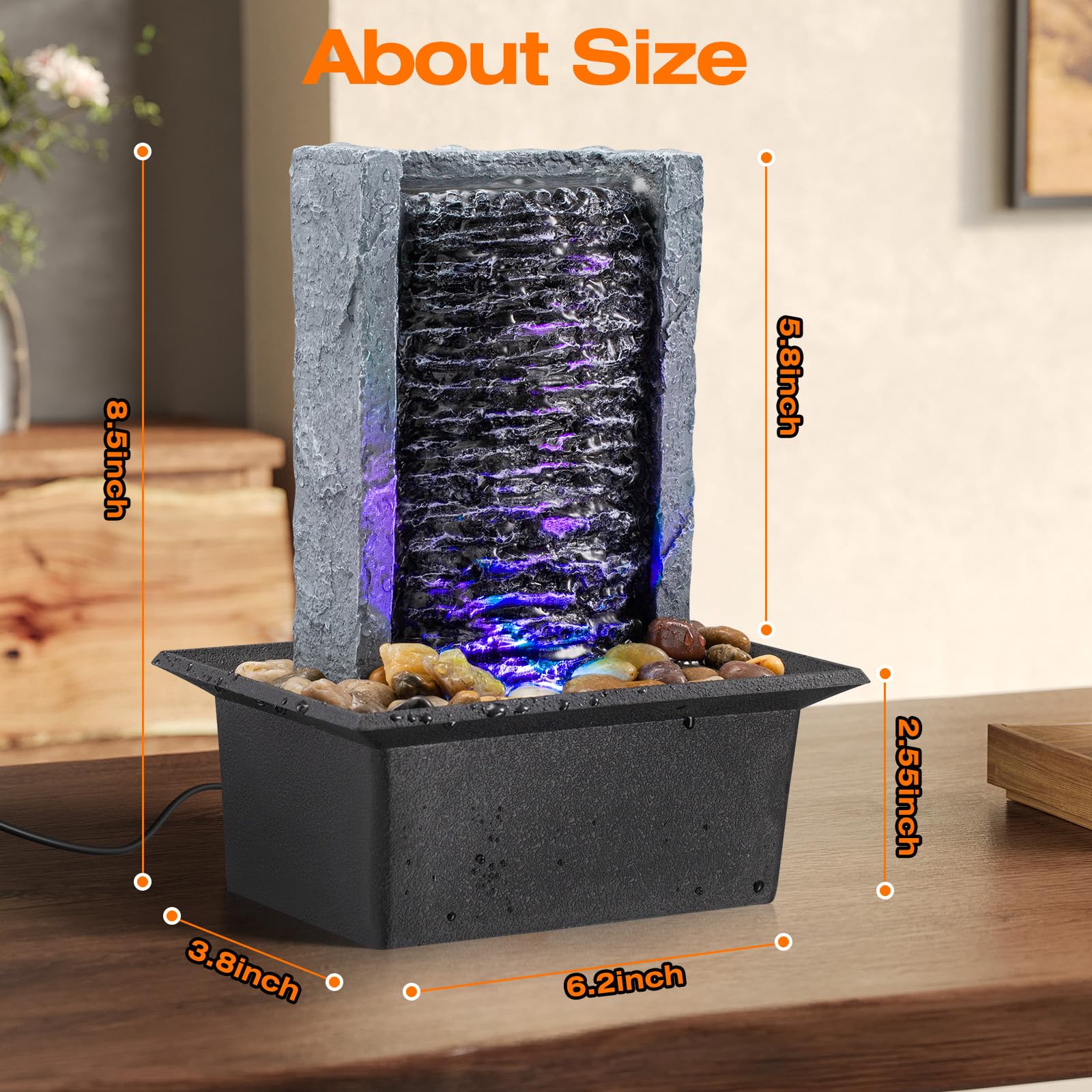 AMOOTEK LED lights glowing in waterfall fountain showcasing ambient color and mood
