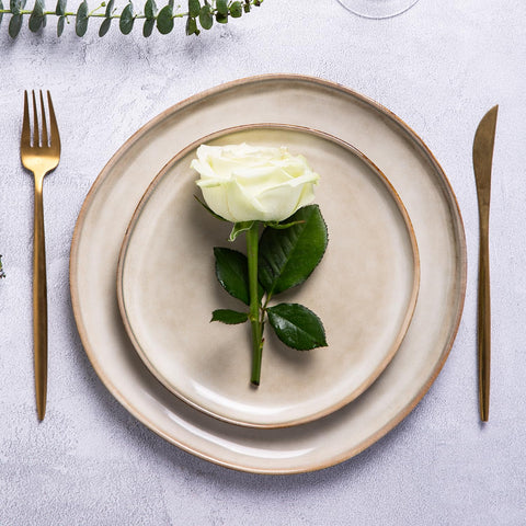 AmorArc 8.5-inch salad plates arranged to show stackability and rustic appeal