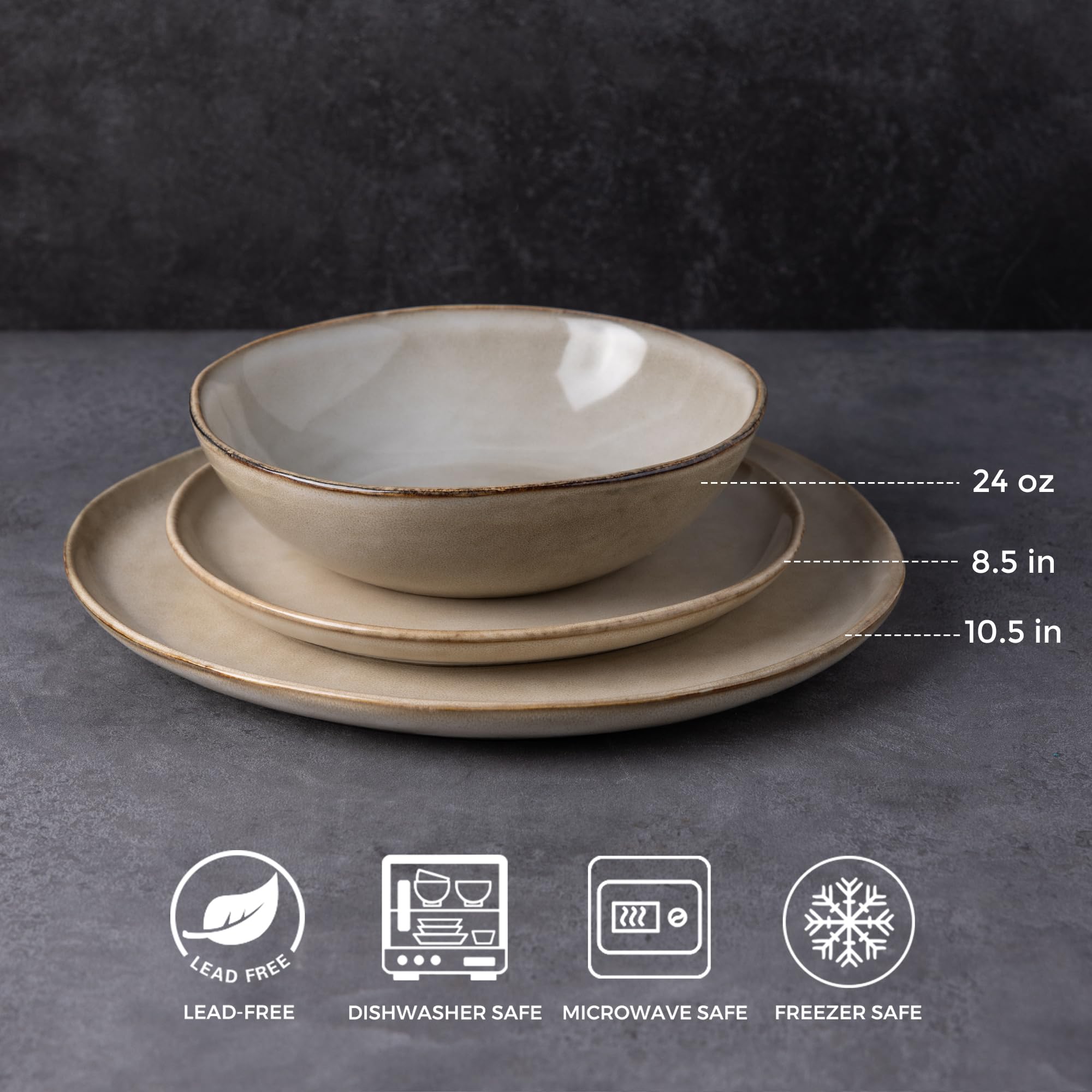 AmorArc 10.5-inch dinner plate top view highlighting rustic glaze and food contrast