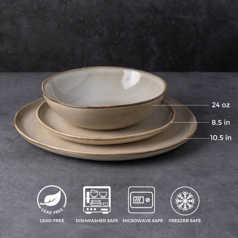 AmorArc 10.5-inch dinner plate top view highlighting rustic glaze and food contrast