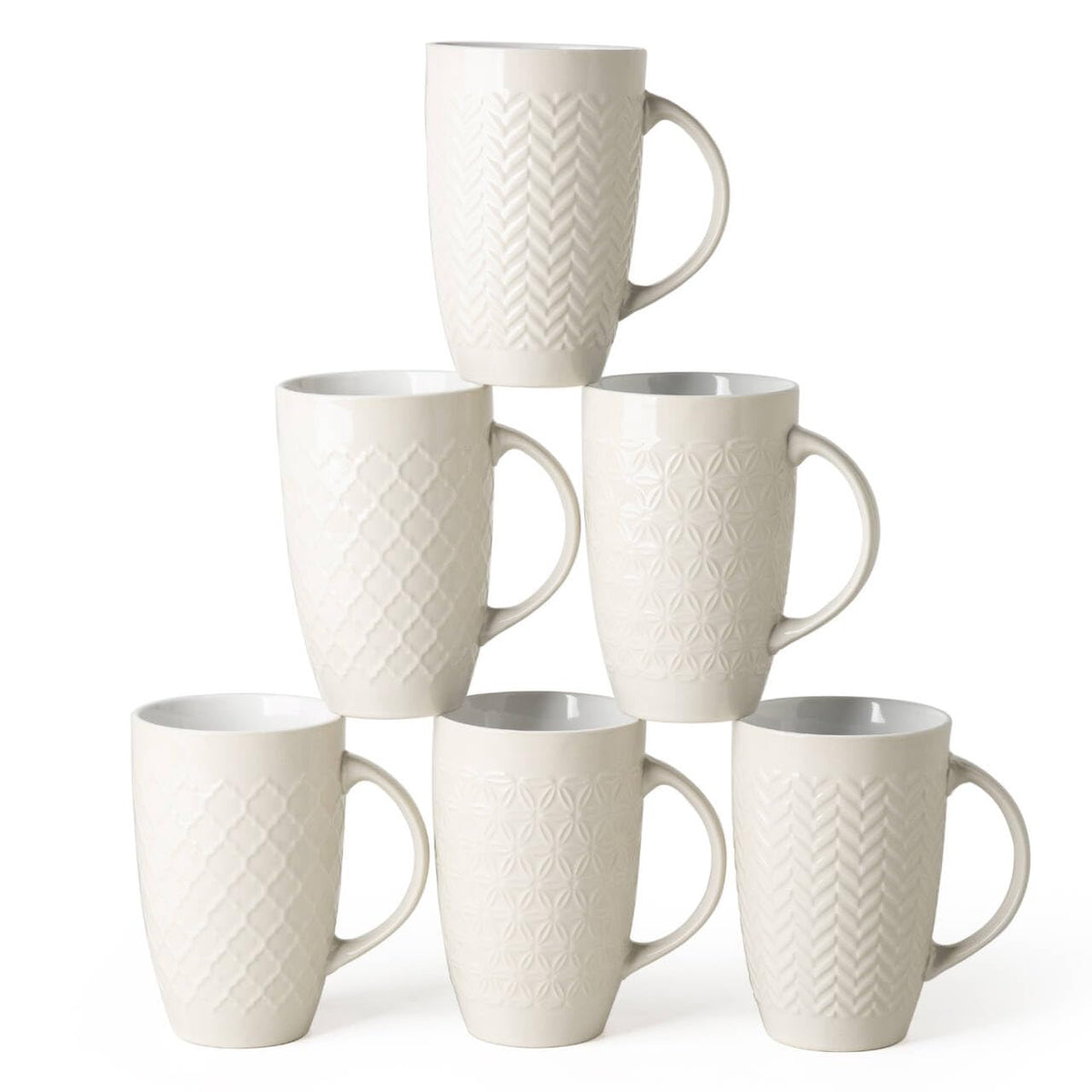 AmorArc beige mug set front view showing six mugs and packaging benefit display