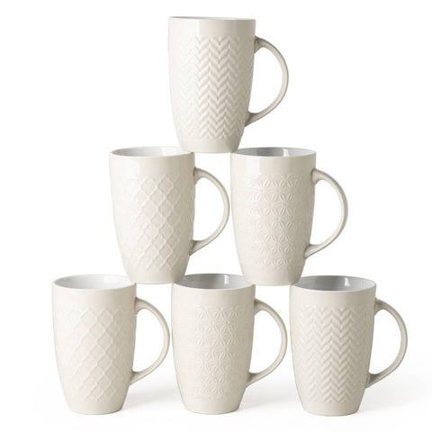 AmorArc beige mug set front view showing six mugs and packaging benefit display