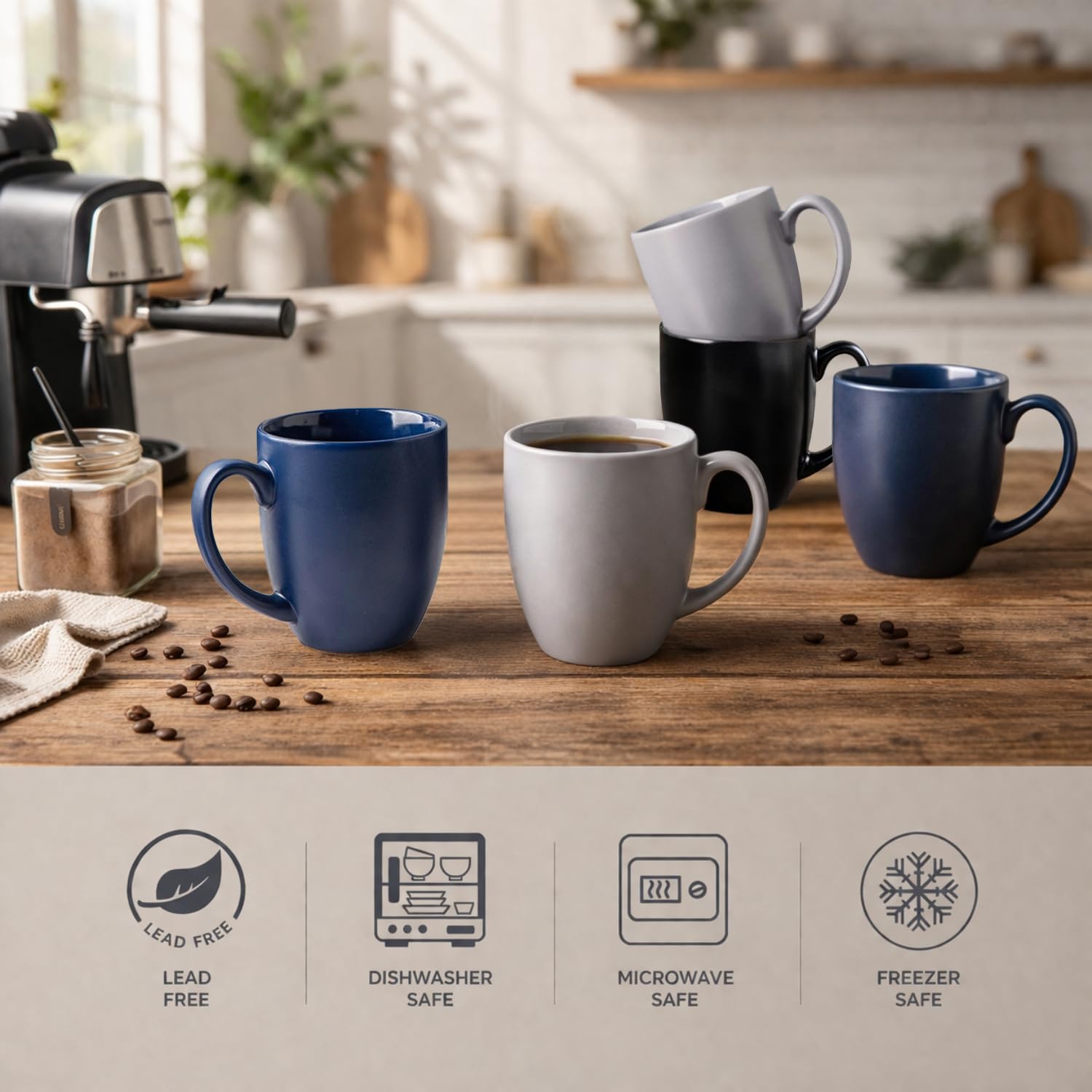 AmorArc mug in use on a breakfast table showcasing generous 16 oz capacity