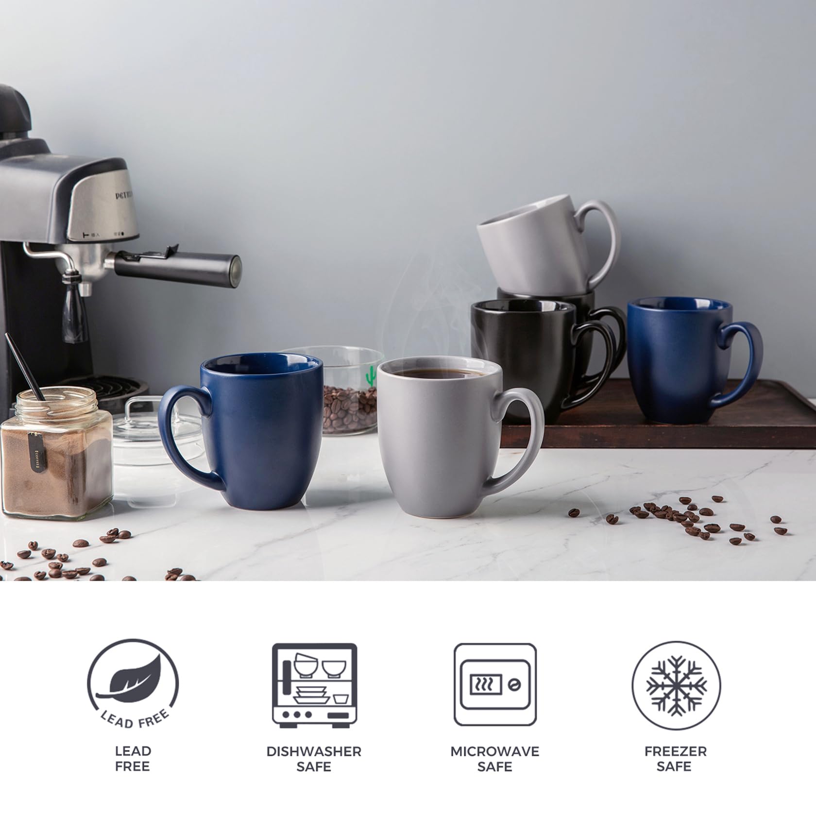AmorArc six mugs stacked to display uniform matte blue finish and durability