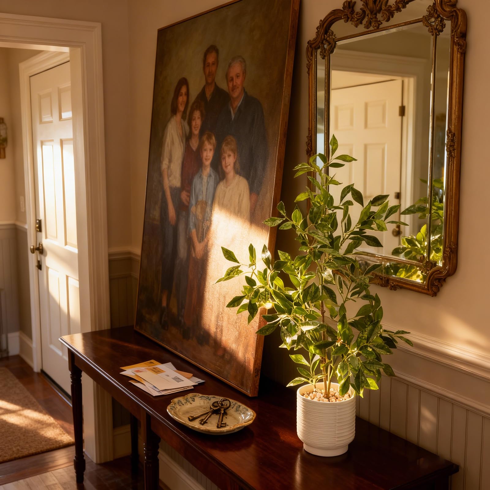 Amore Florals ficus positioned in bathroom to brighten windowless, low-light space
