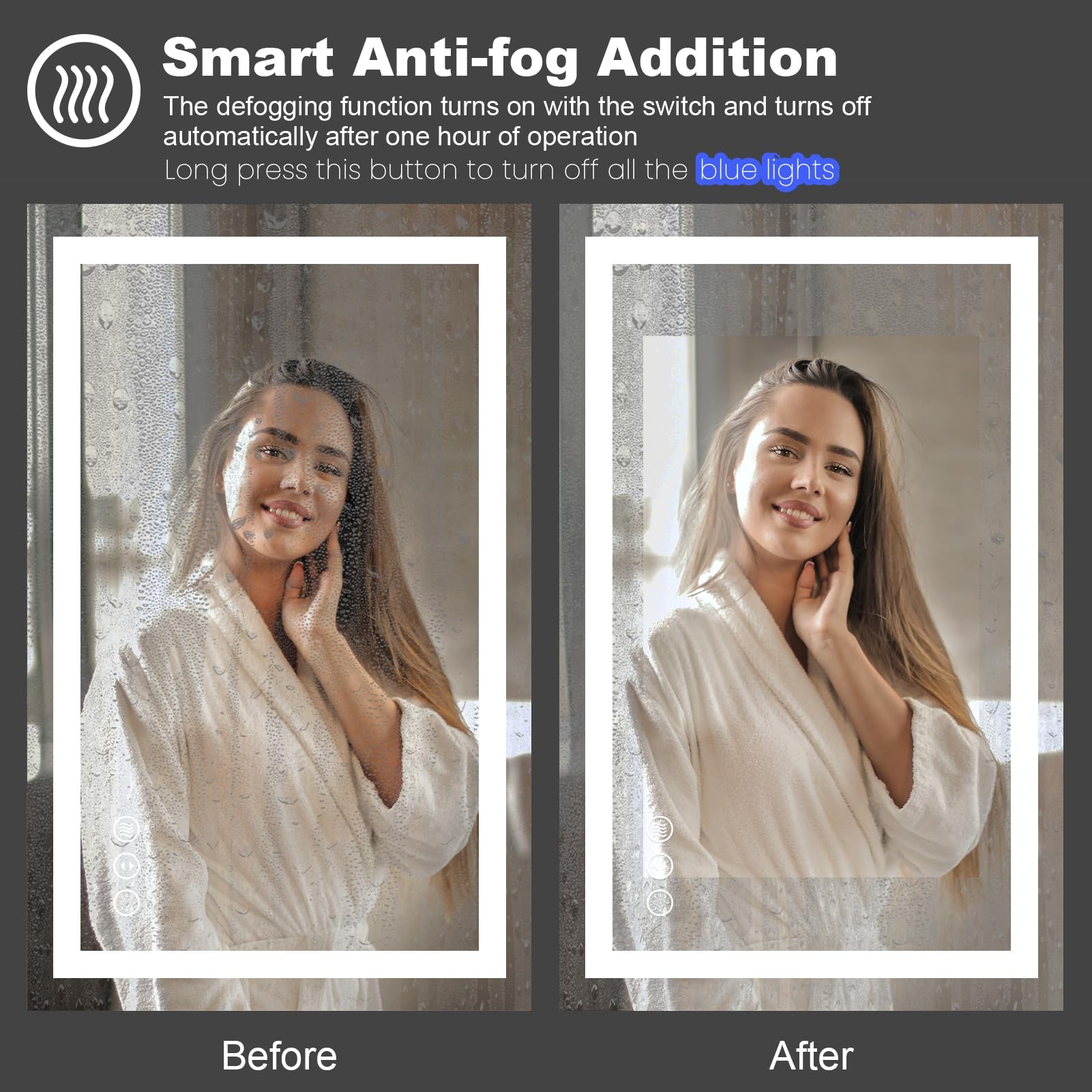 Amorho defogger element active delivering clear mirror surface after showers