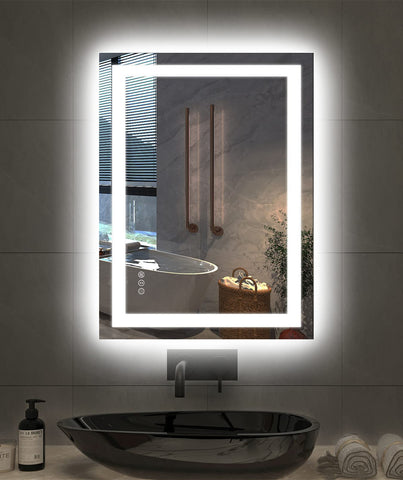 Amorho front view of 24x32 LED mirror showing bright balanced lighting for makeup