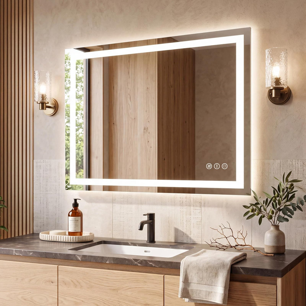 Amorho front view mirror showing bright task lighting and clear reflection benefit