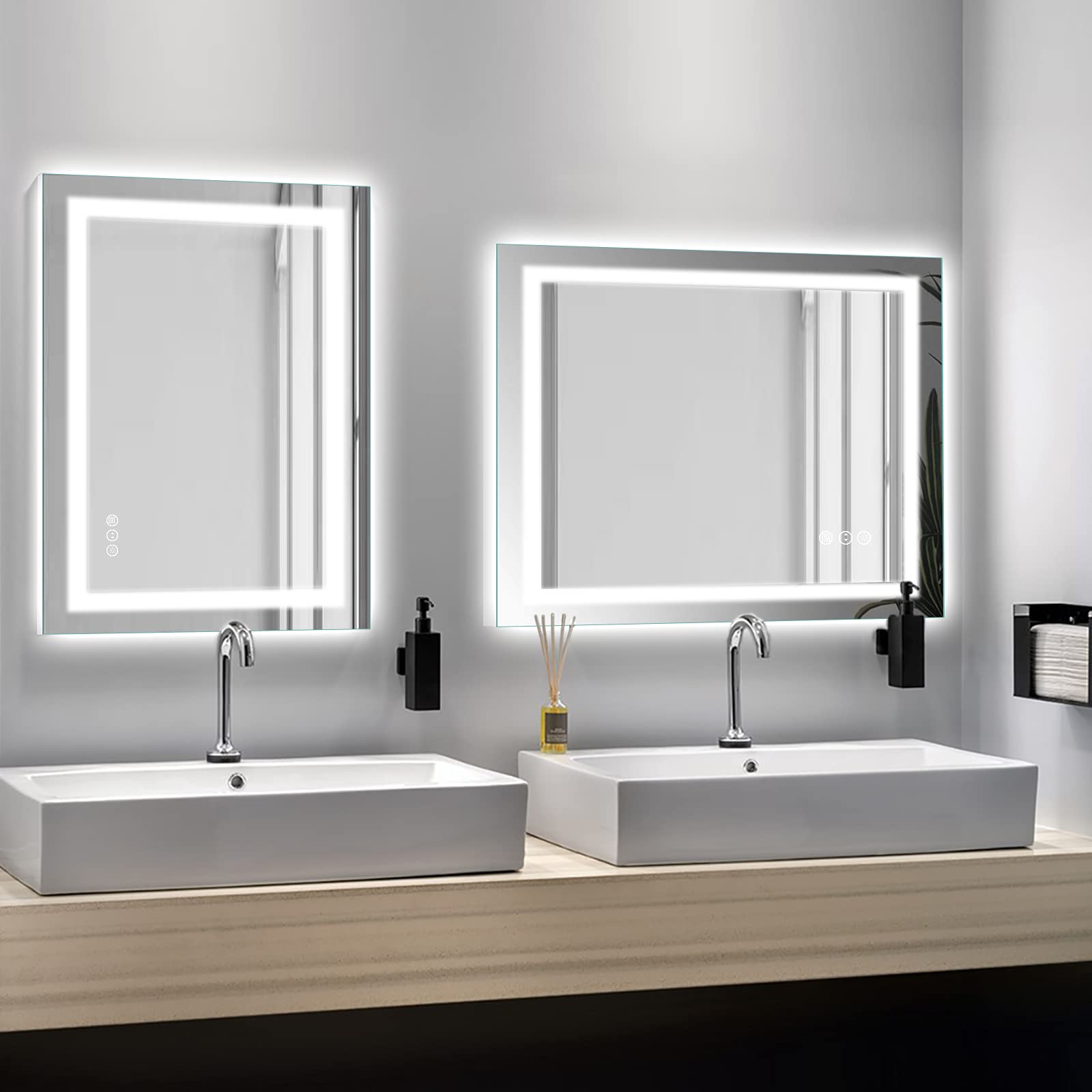 Amorho mirror in a styled bathroom demonstrating improved lighting ambiance
