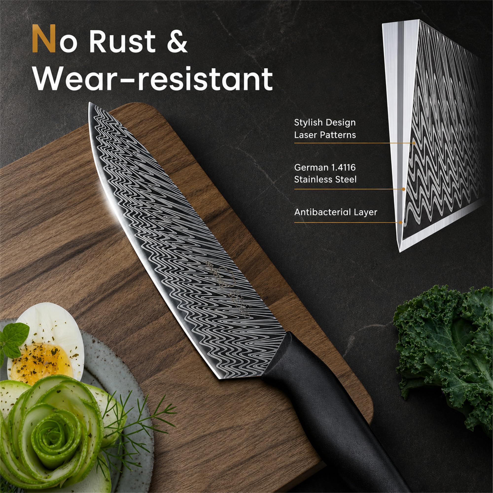 Amorston 8-inch chef knife blade close-up demonstrating sharp German steel edge