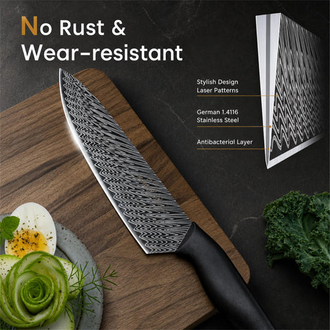 Amorston 8-inch chef knife blade close-up demonstrating sharp German steel edge