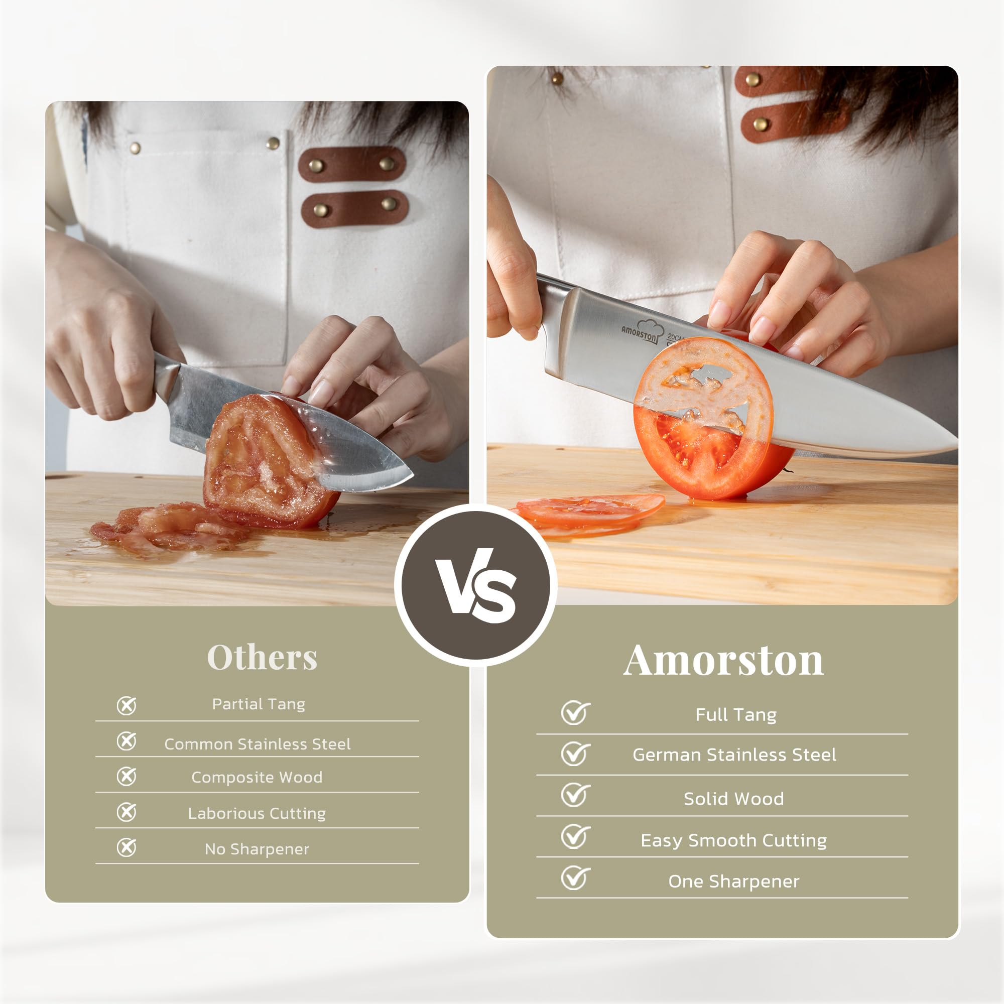 Amorston 8-inch chef knife close-up showing razor edge for precise cuts