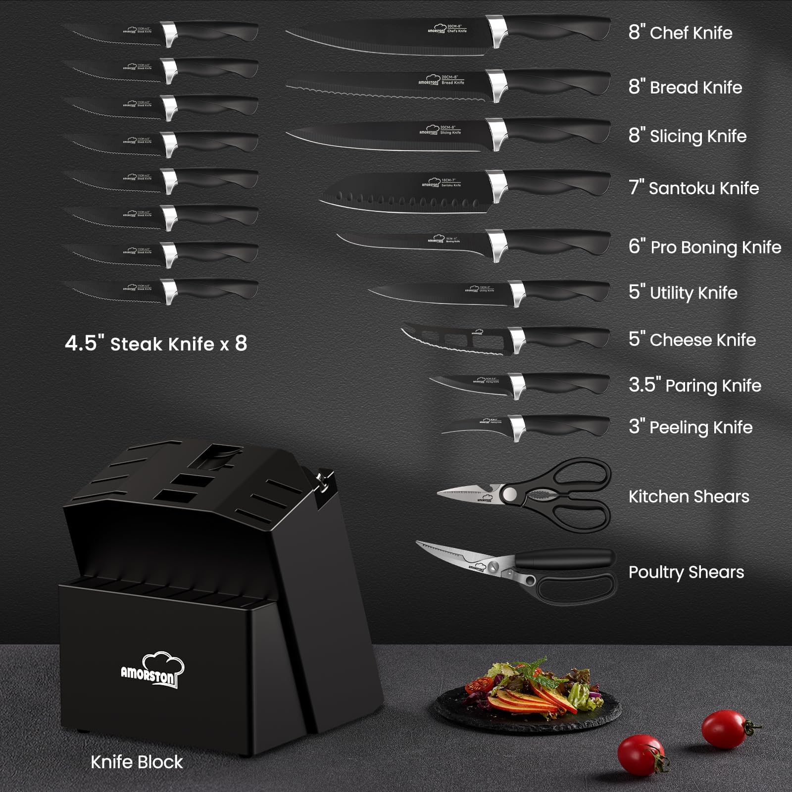 Amorston chef knife close-up of 15-degree edge showing precise cutting performance