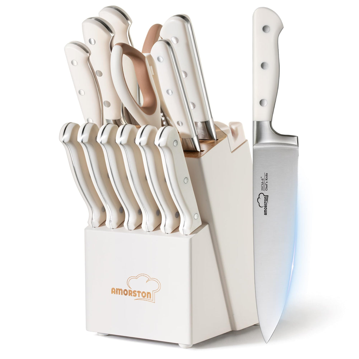 Amorston front view of full 14-piece block set showcasing organization benefit