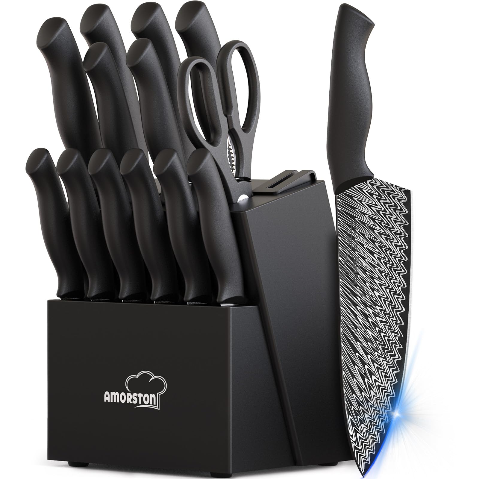 Amorston front view of block and knives showing organized storage and easy access