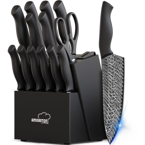 Amorston front view of block and knives showing organized storage and easy access