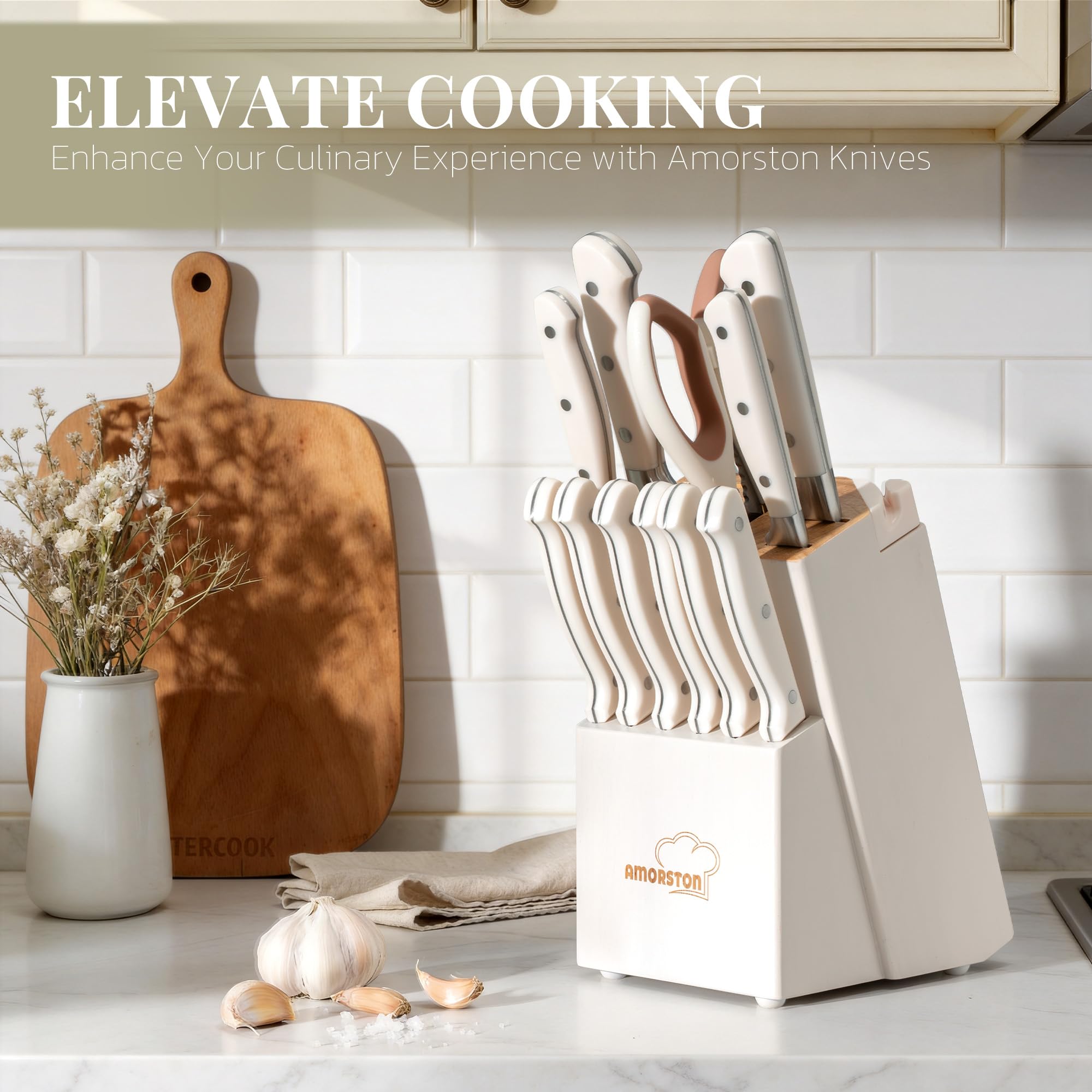Amorston hardwood block on countertop adding stylish organized storage