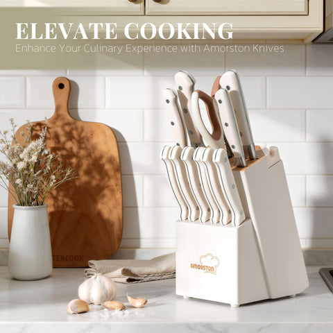 Amorston hardwood block on countertop adding stylish organized storage