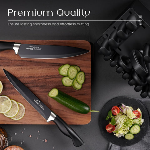 Amorston knife set styled in a kitchen showing professional look and countertop appeal