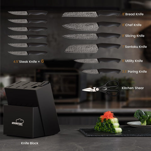 Amorston santoku and slicing knife detail highlighting versatile cutting performance