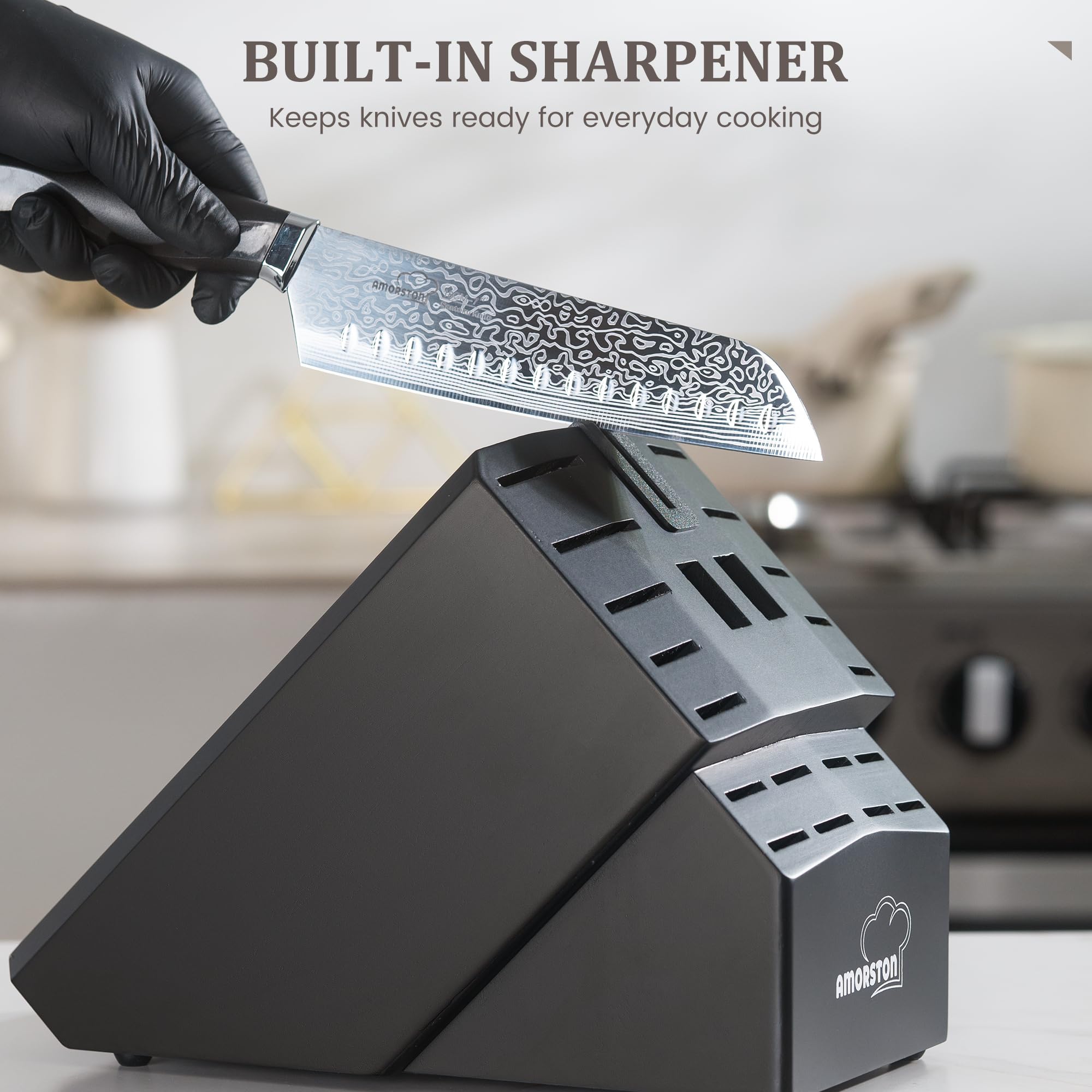 Amorston steak knives and kitchen shears spread demonstrating table-ready versatility