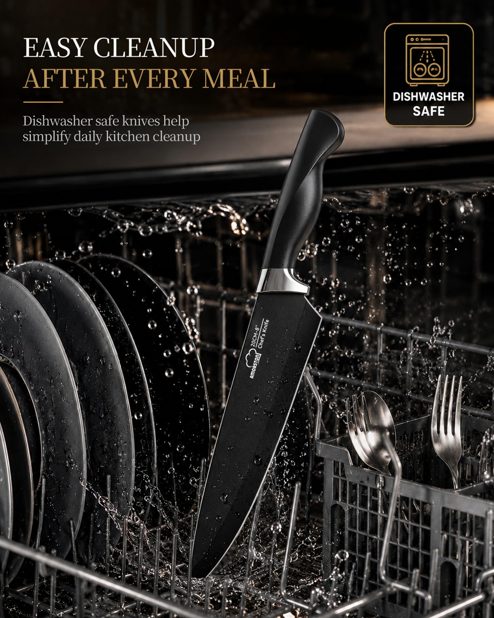 Amorston steak knives arranged for family meals with crisp slices