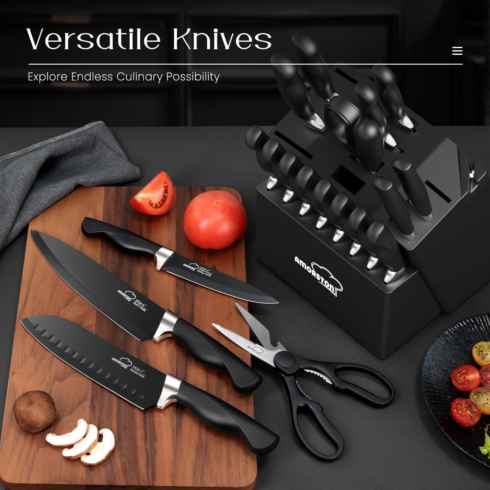 Amorston steak knives lined up highlighting even serrations for table-ready slicing