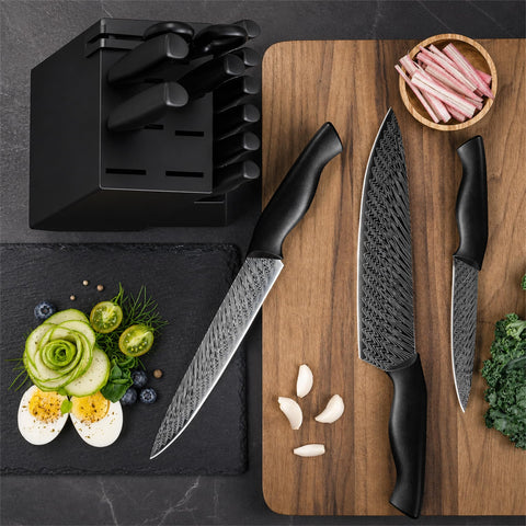Amorston six steak knives laid on table for clean, even dinner slicing