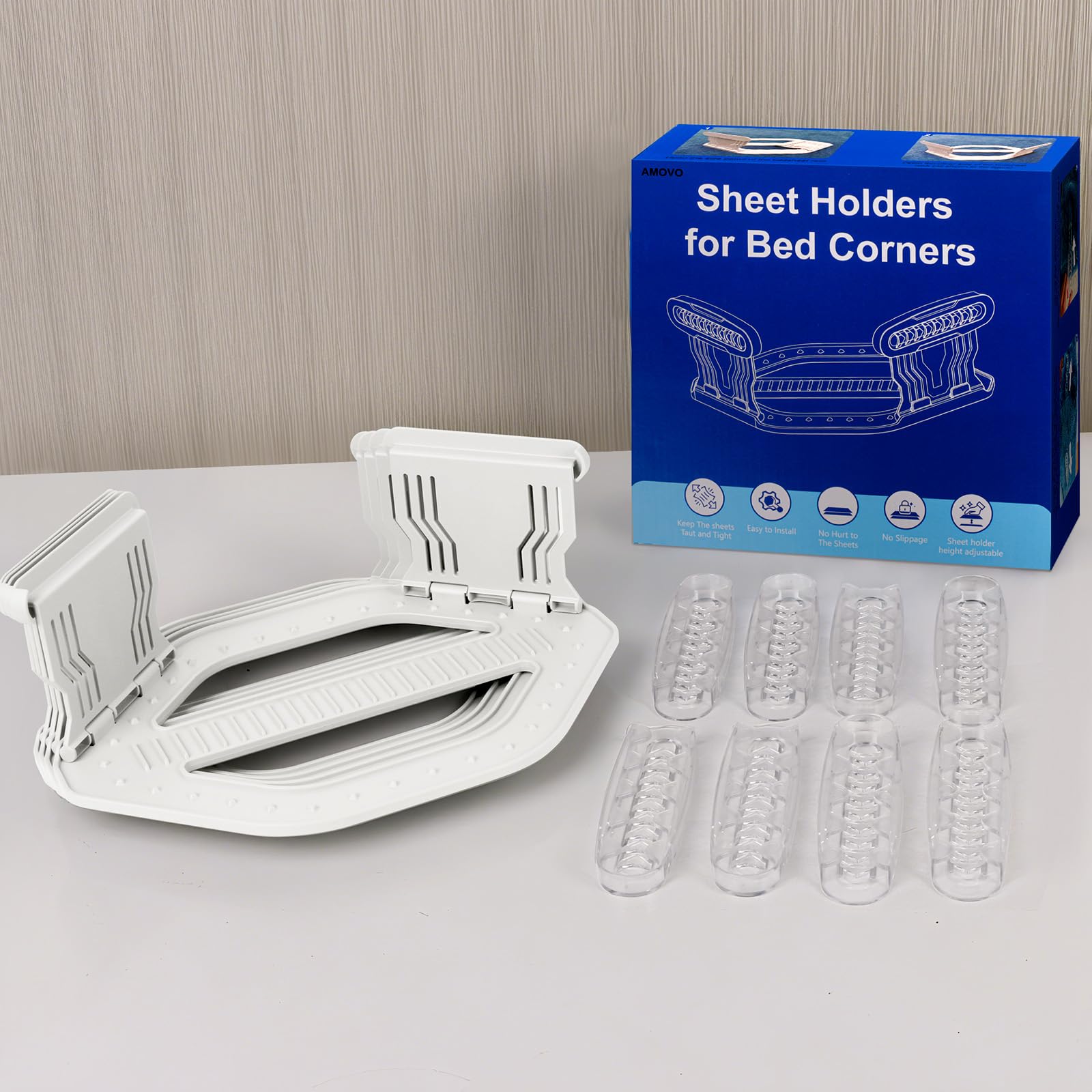 AMOVO four clips laid flat showing complete set ready for every corner