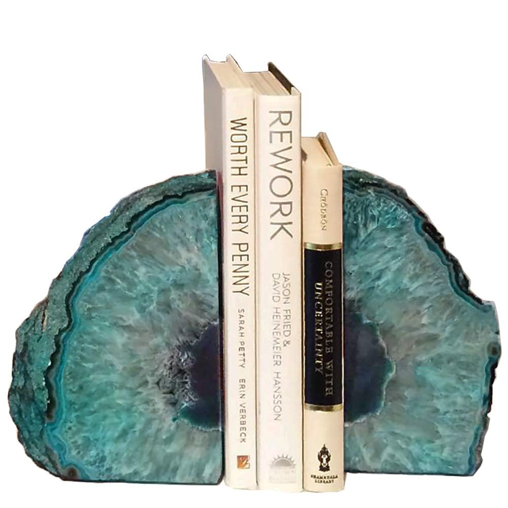 AMOYSTONE front view of teal agate bookends showing balanced weight and style