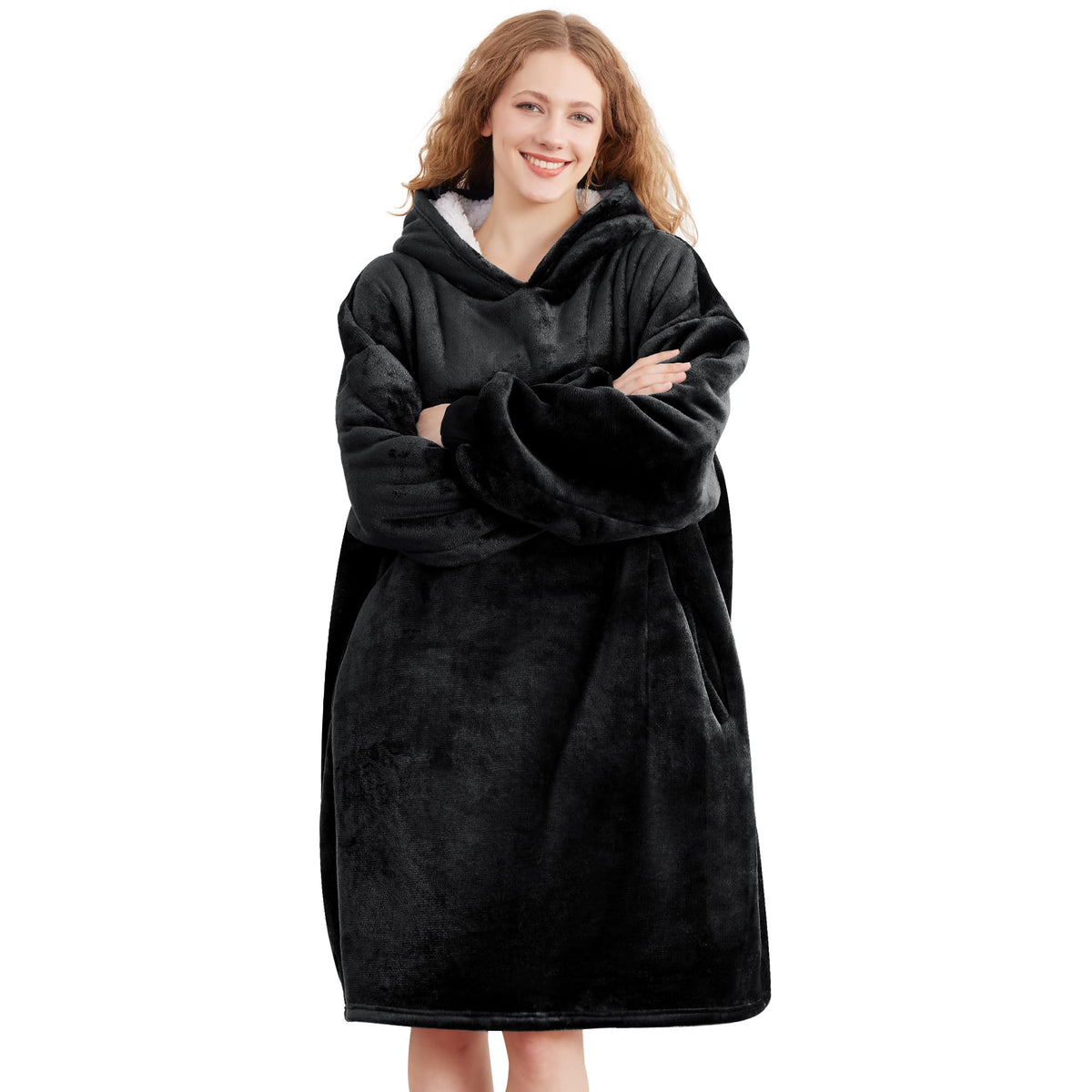 AmyHomie front view oversized hoodie showing cozy coverage and style