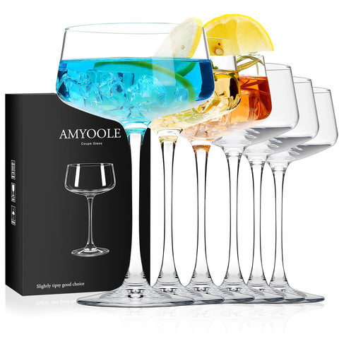 Amyoole front view of six coupe glasses in gift-ready box, elegant presentation benefit