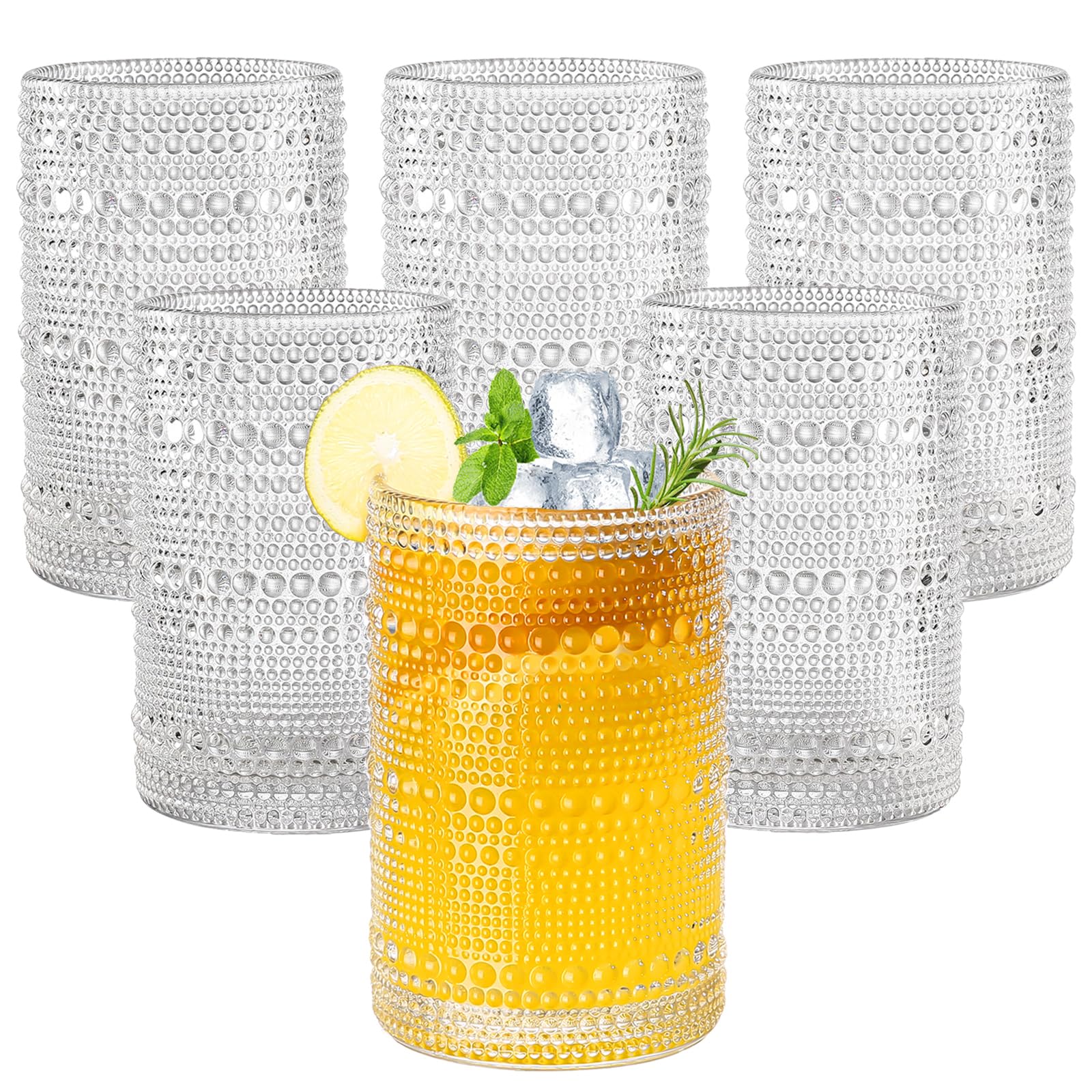 Amyoole front view of six hobnail glasses showing vintage look and durable design