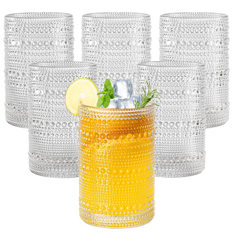 Amyoole front view of six hobnail glasses showing vintage look and durable design