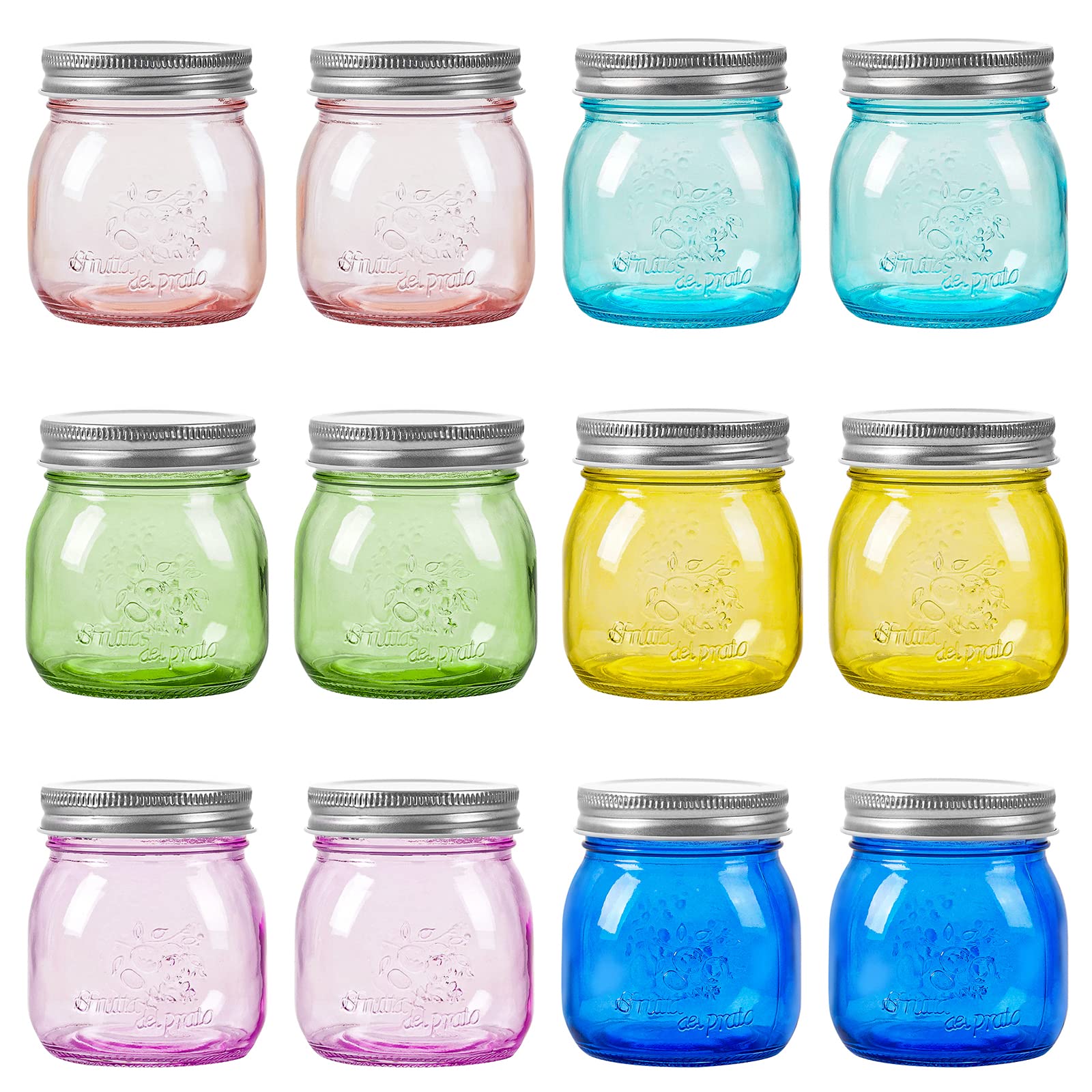 Amzcku front view of 12-pack colored mason jars showing storage versatility