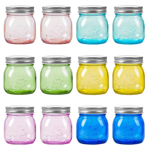 Amzcku front view of 12-pack colored mason jars showing storage versatility