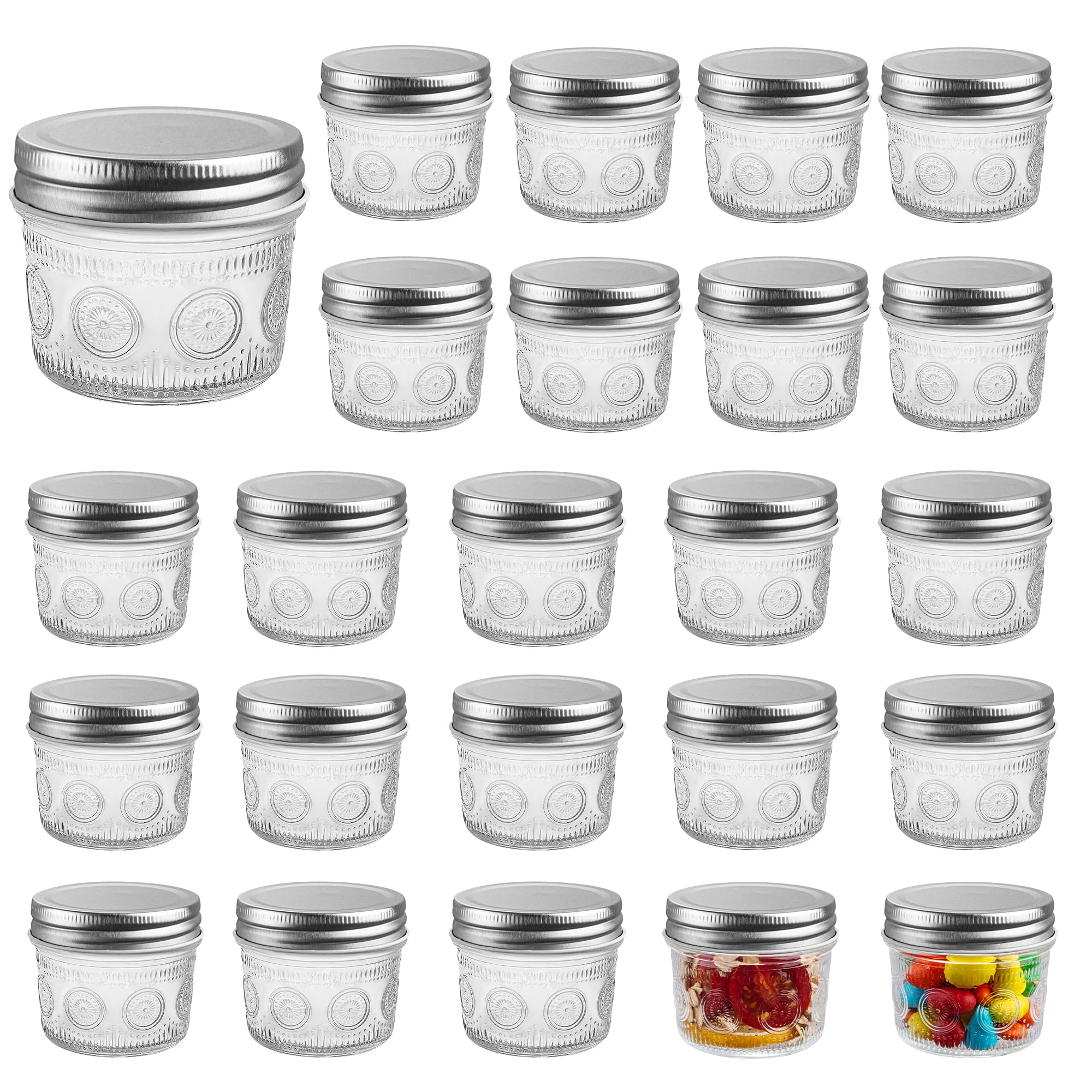 Amzcku front view of 24-pack showing vintage jars and benefits of bulk storage