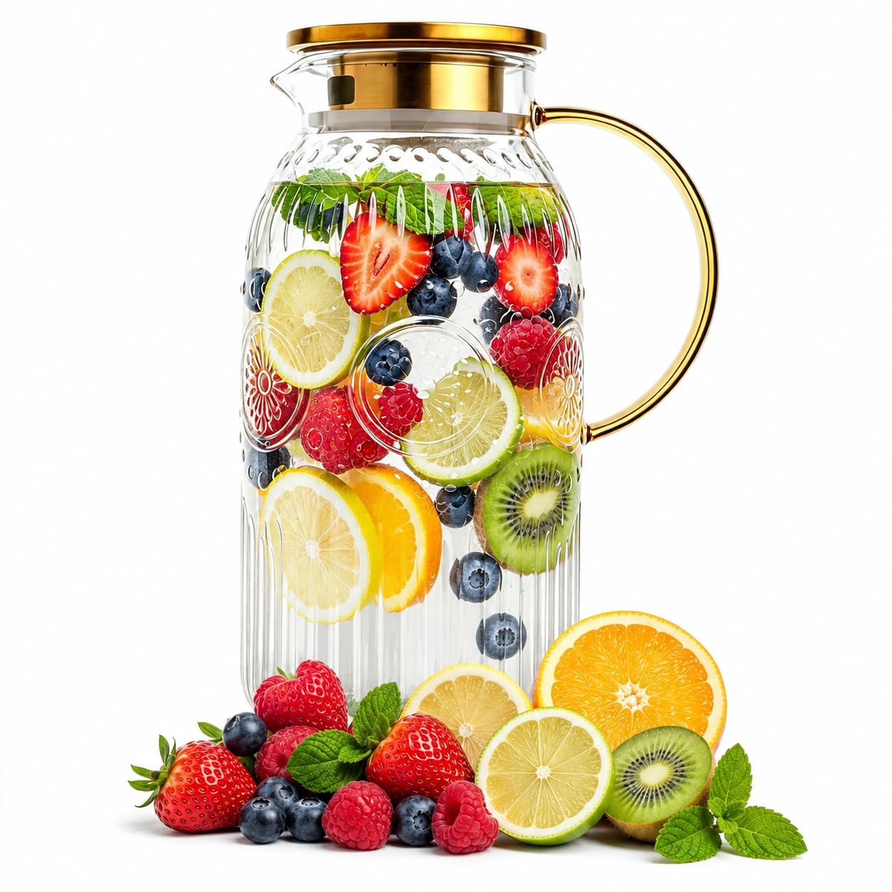 Amzcku pitcher front view showing vintage fluted glass and 2L capacity benefit