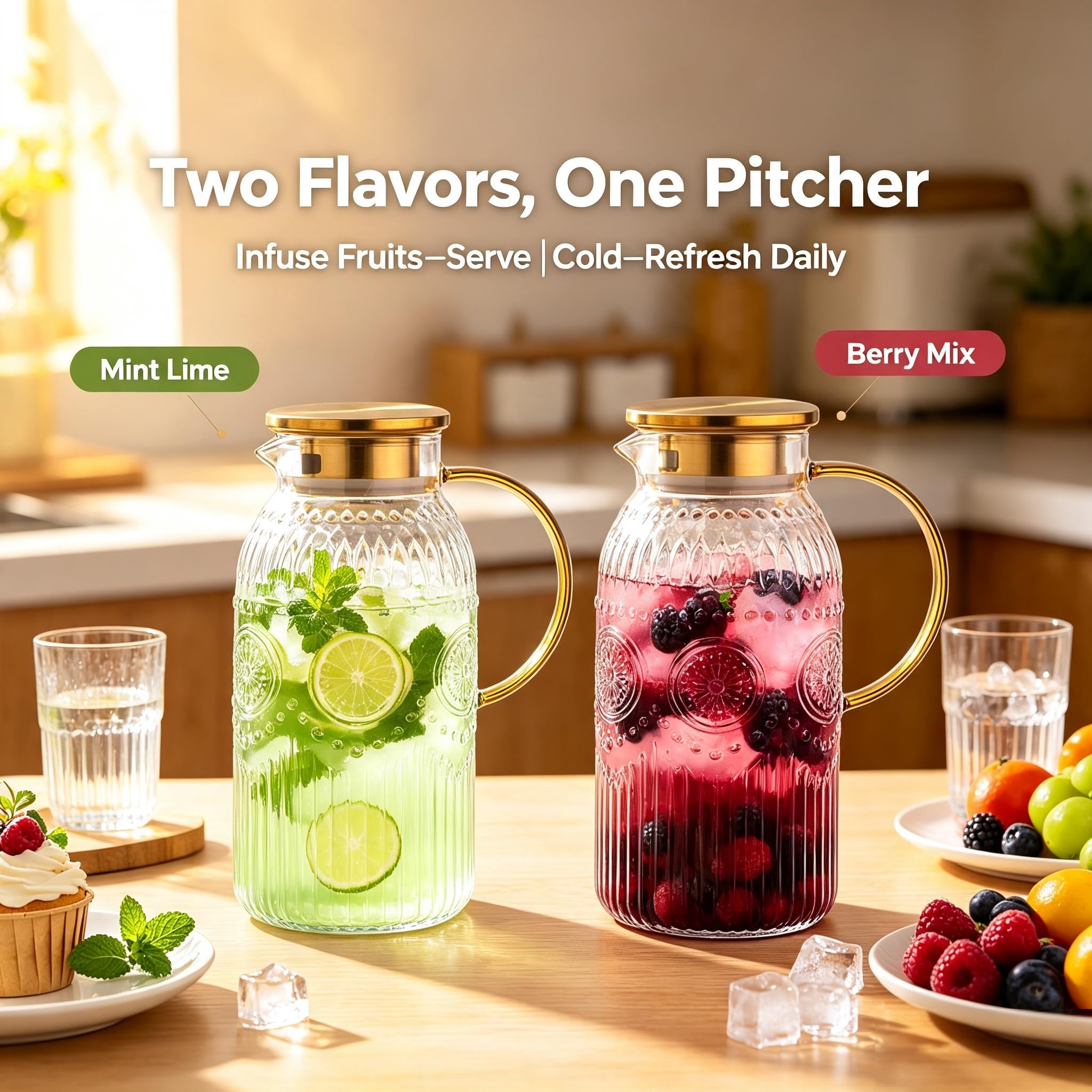 Amzcku pitcher next to a water bottle for scale showing true 68oz size