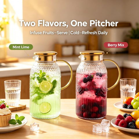 Amzcku pitcher next to a water bottle for scale showing true 68oz size