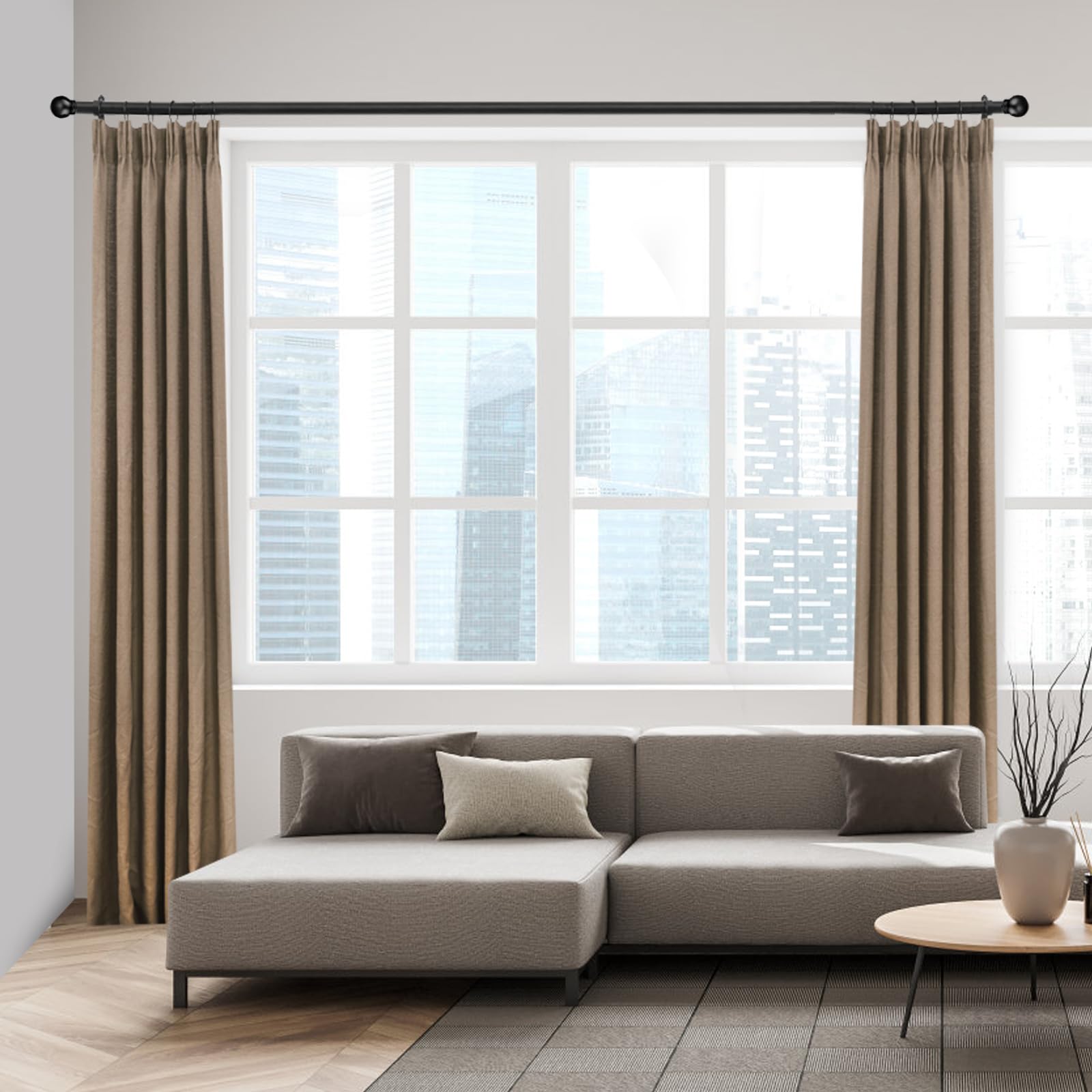 AMZSEVEN bedroom scene with curtain on rod showing smooth gliding and finish