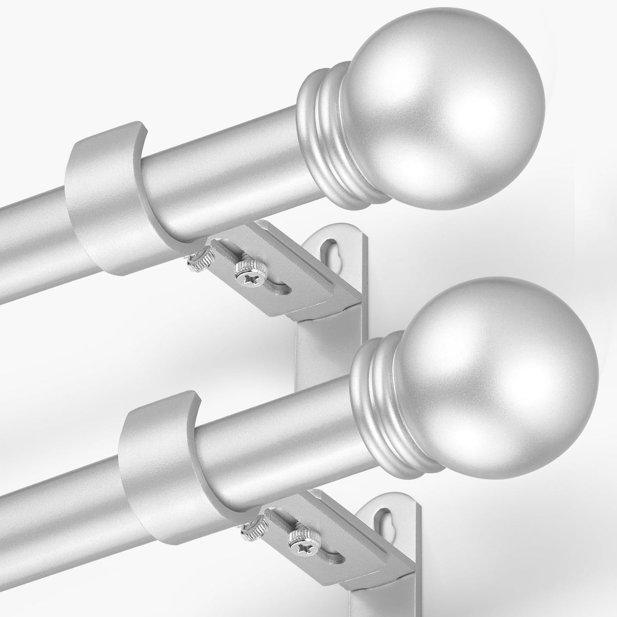 AMZSEVEN front view of two silver curtain rods showing sleek finish and versatility