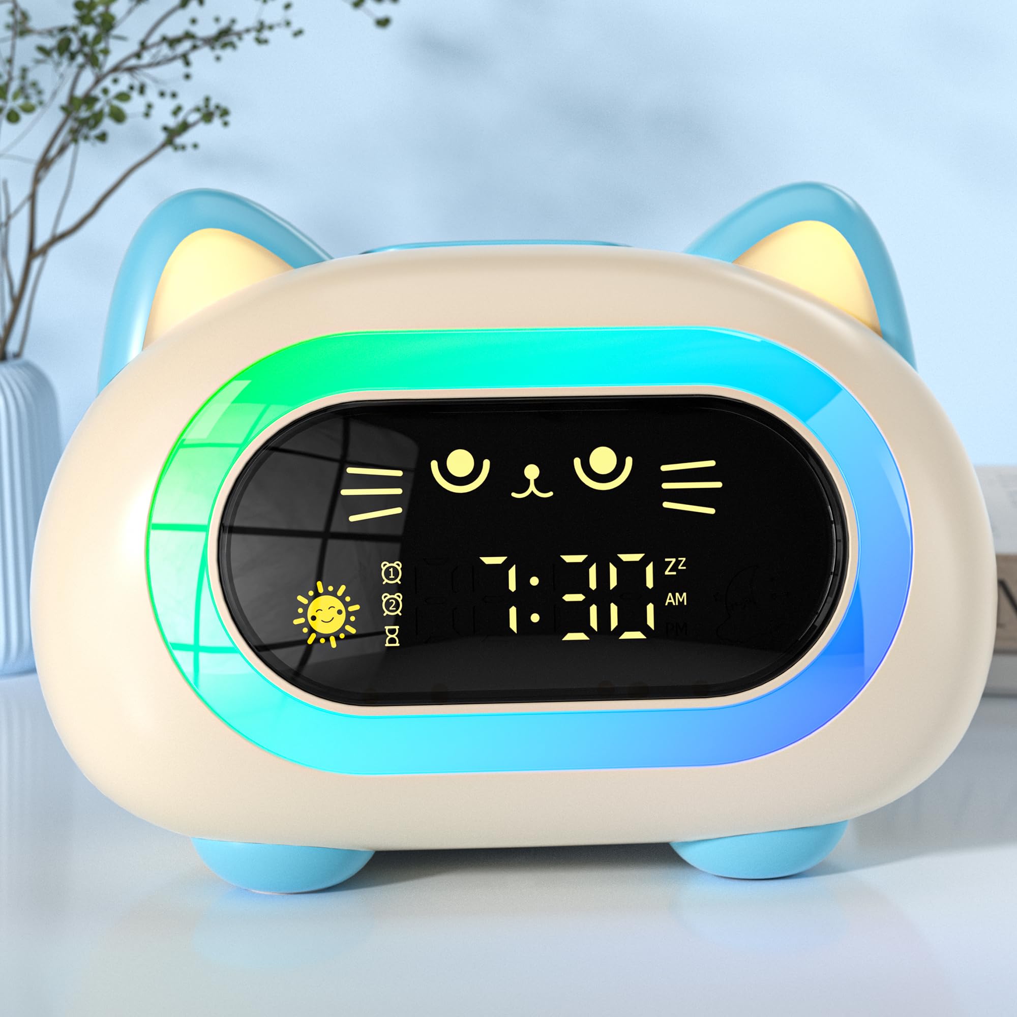 ANALOI cat clock front view showing friendly face, encourages routine