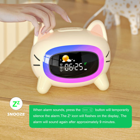 ANALOI cat clock close-up of lighting modes to demonstrate adjustable comfort