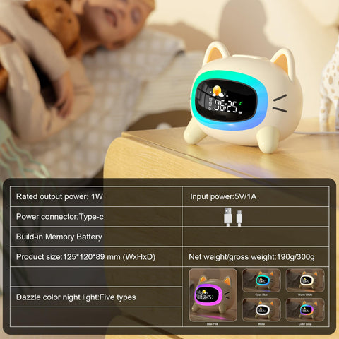 ANALOI cat clock shown next to toy to indicate compact size and easy placement